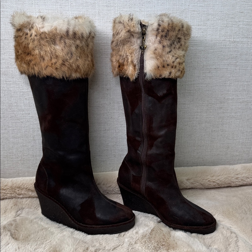 DONALD PLINER Dark Brown Tall Suede Wedge Boots with Fur Cuff